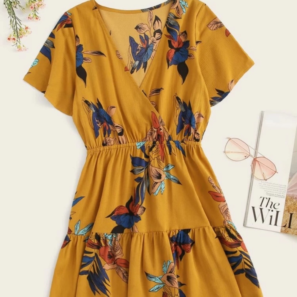 Mustard Yellow Tropical Print Mini Dress